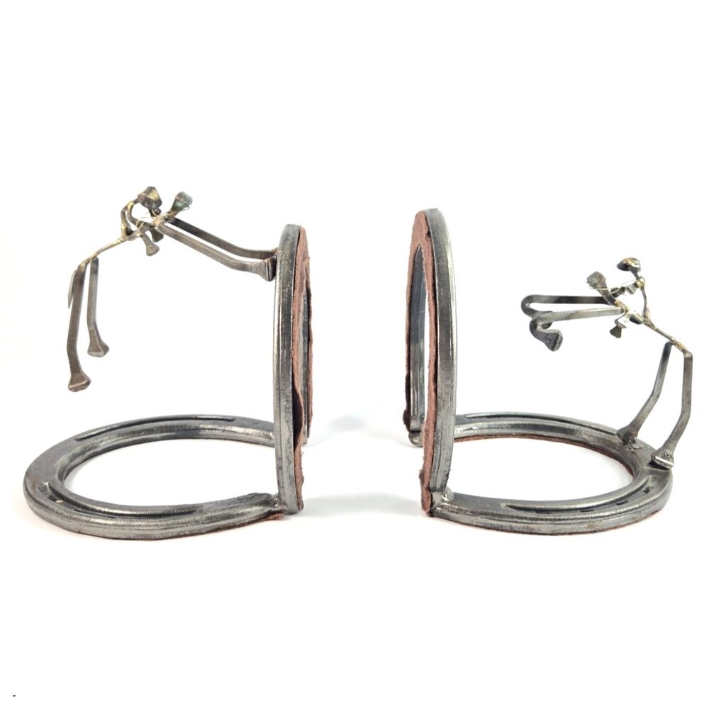 Horseshoe Art Sculpture Heavy Iron Bookends Rodeo Cowboy Horse Western Rustic